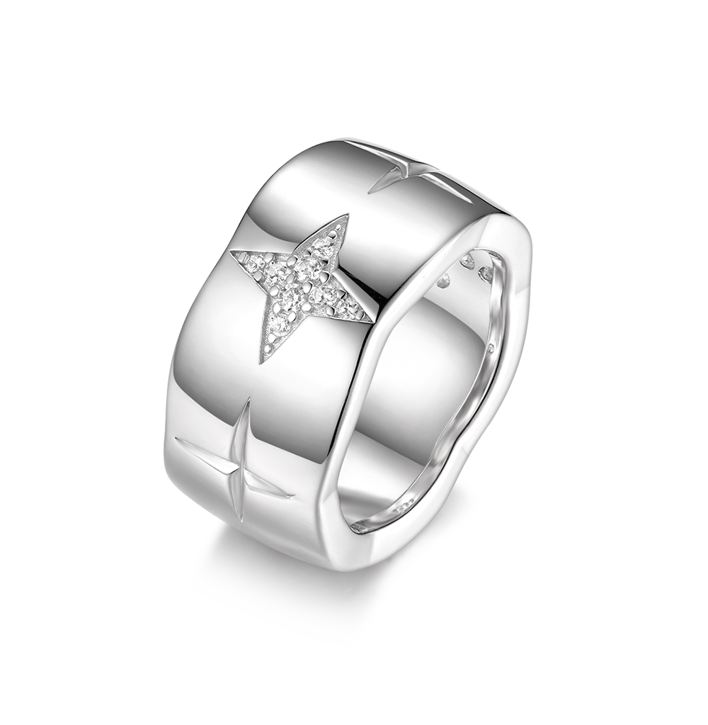 Кольца: Объемное широкое кольцо Краш можно купить в ювелирном гардеробе MOMNT (Momentsilver), интернет-магазине украшений из серебра. Серебро 925, родий, вставки:куб.цирконий. Артикул 