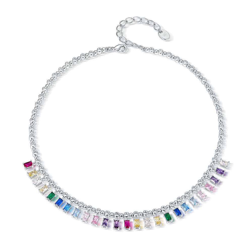 Бижутерия: Колье с камнями Радуга можно купить в ювелирном гардеробе MOMNT (Momentsilver), интернет-магазине украшений из серебра. Ювелирный сплав, родий, вставки: куб. цирконий. Артикул 